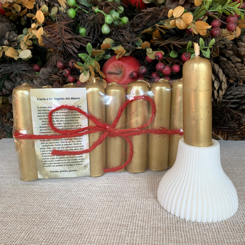 Kit Ritual Abundancia 2026: 8 velitas doradas y portavelas