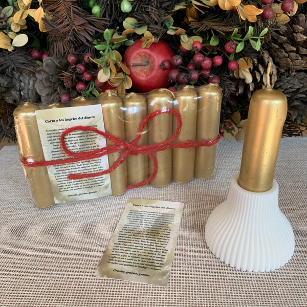 Kit Ritual Abundancia 2026: 8 velitas doradas y portavelas